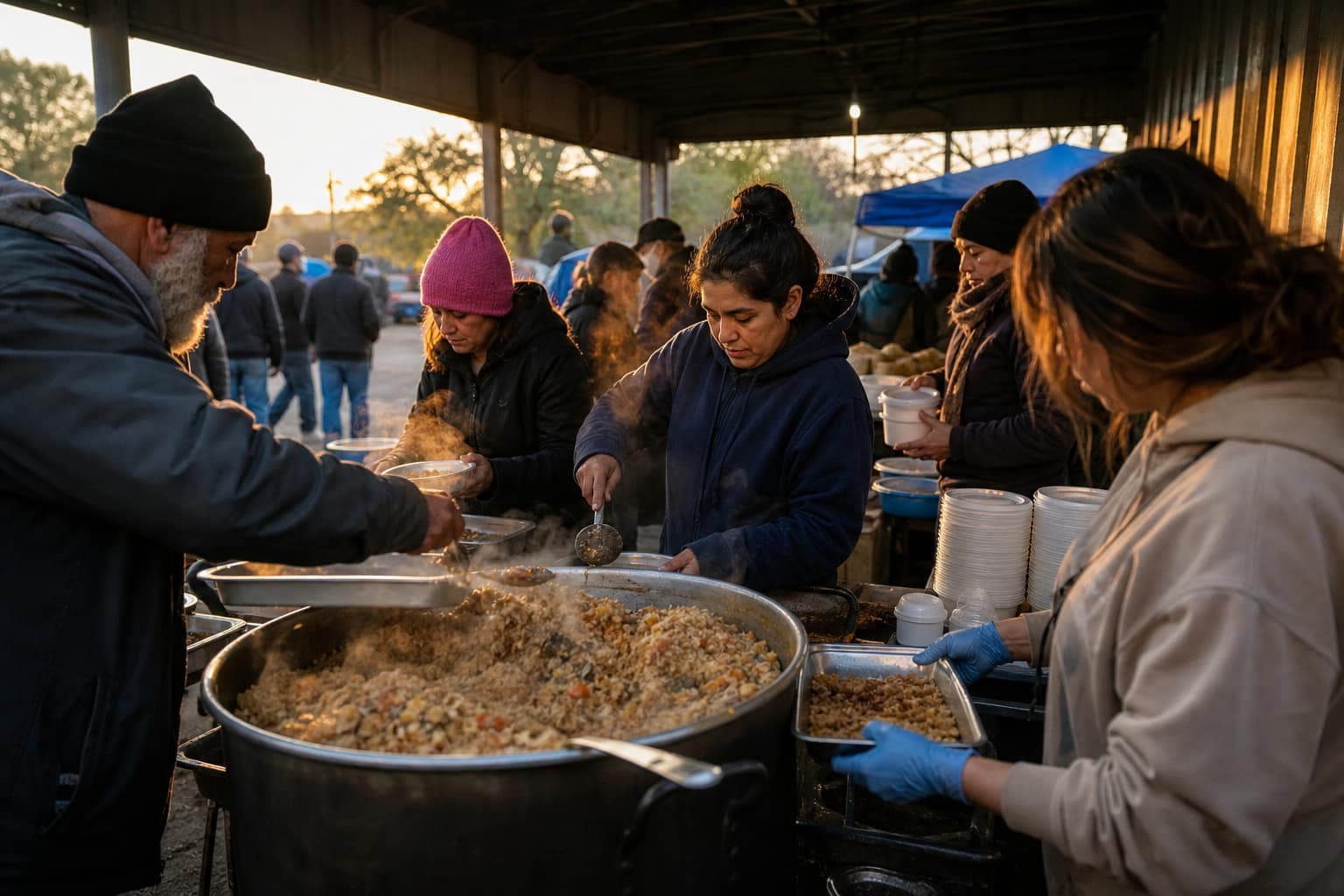 Volunteers cooking and serving meals in a community kitchen shelter