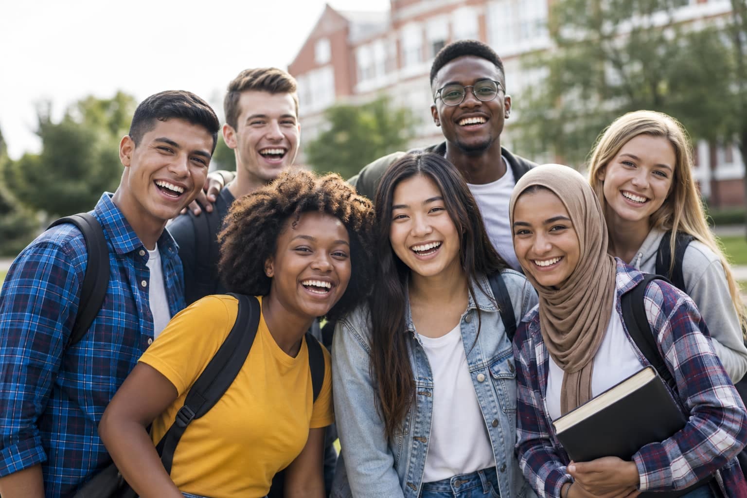 Scholarship students celebrating together outside their school