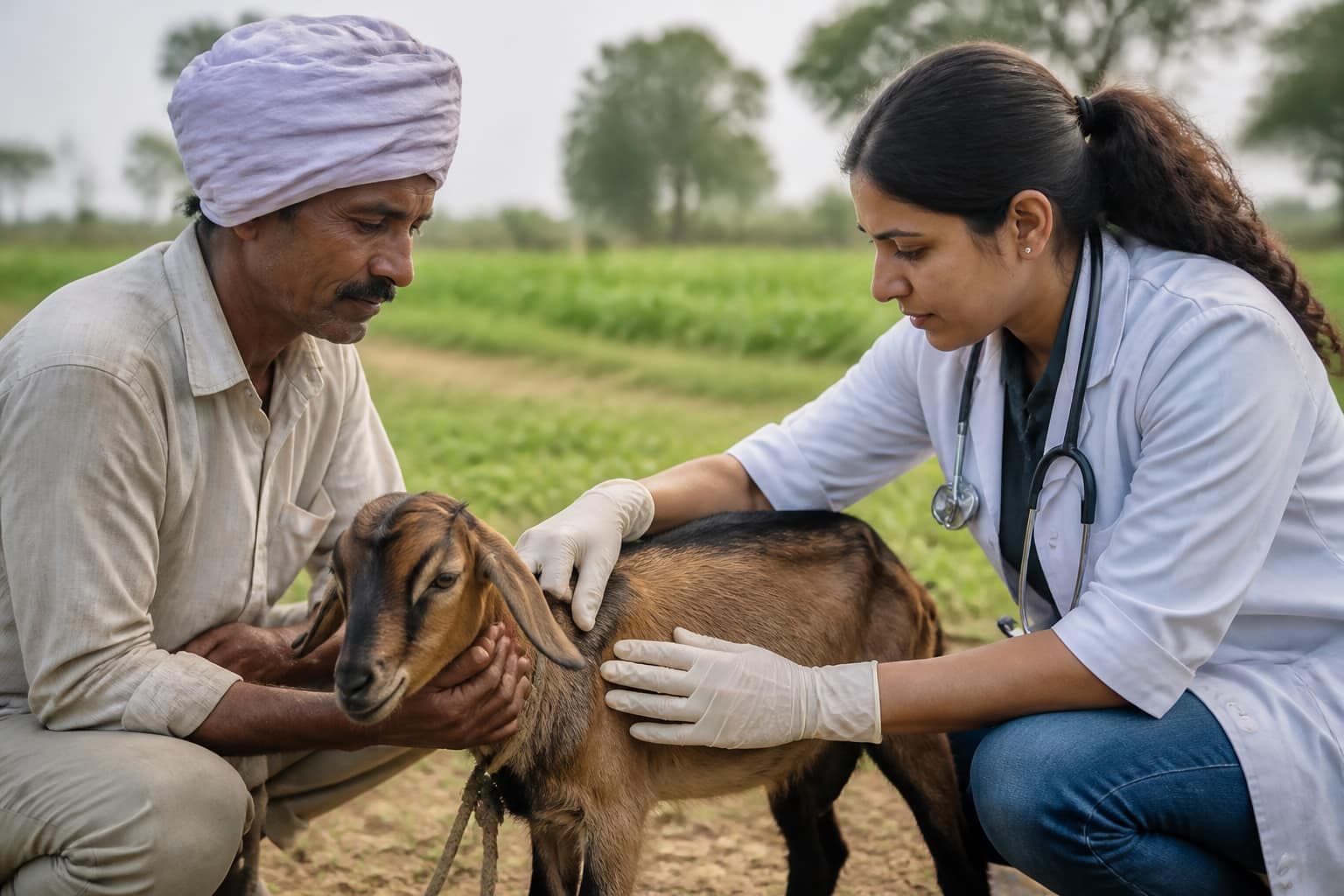 Veterinarian treating a rescued farm animal