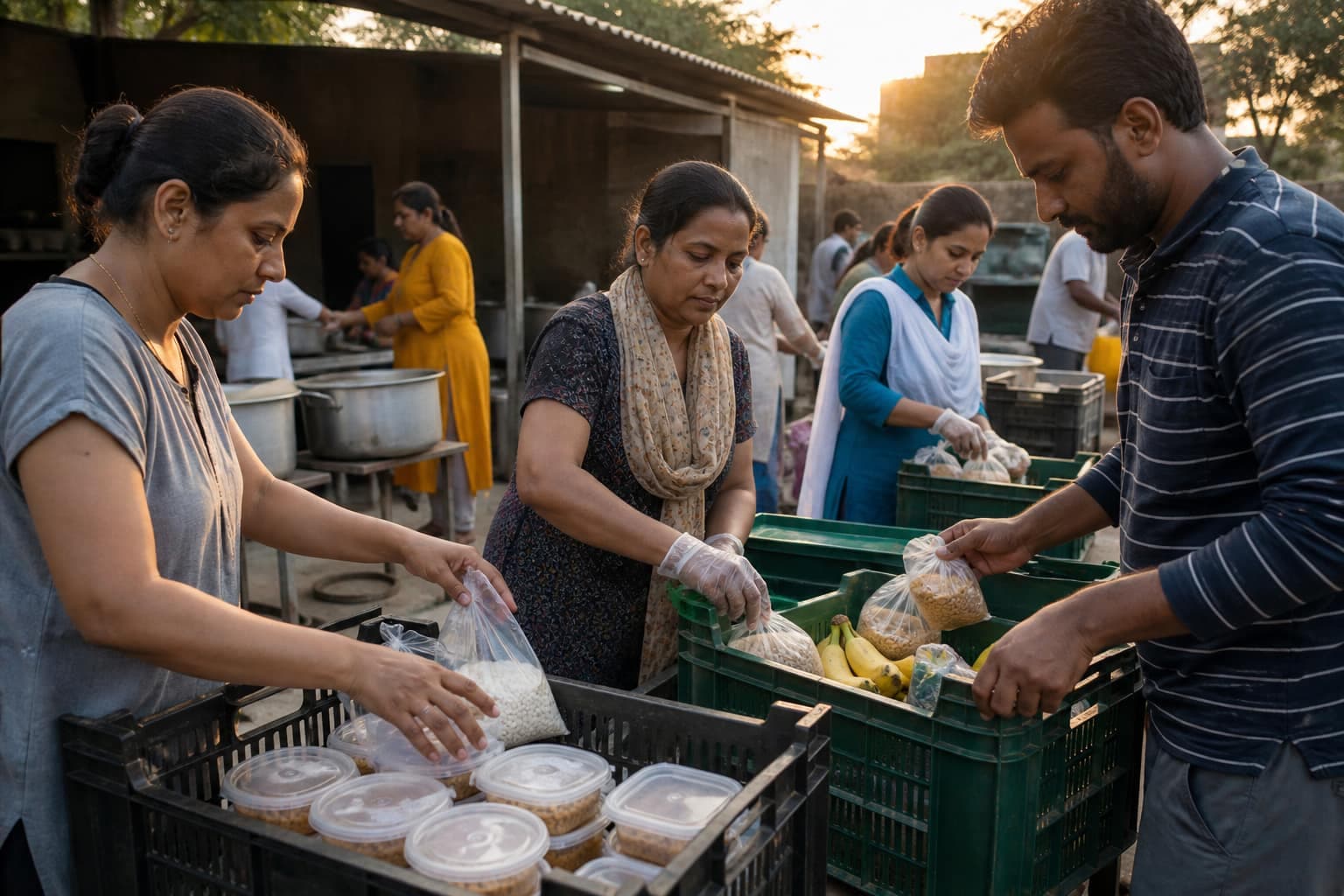 Volunteers packing nutritious food parcels in a community kitchen