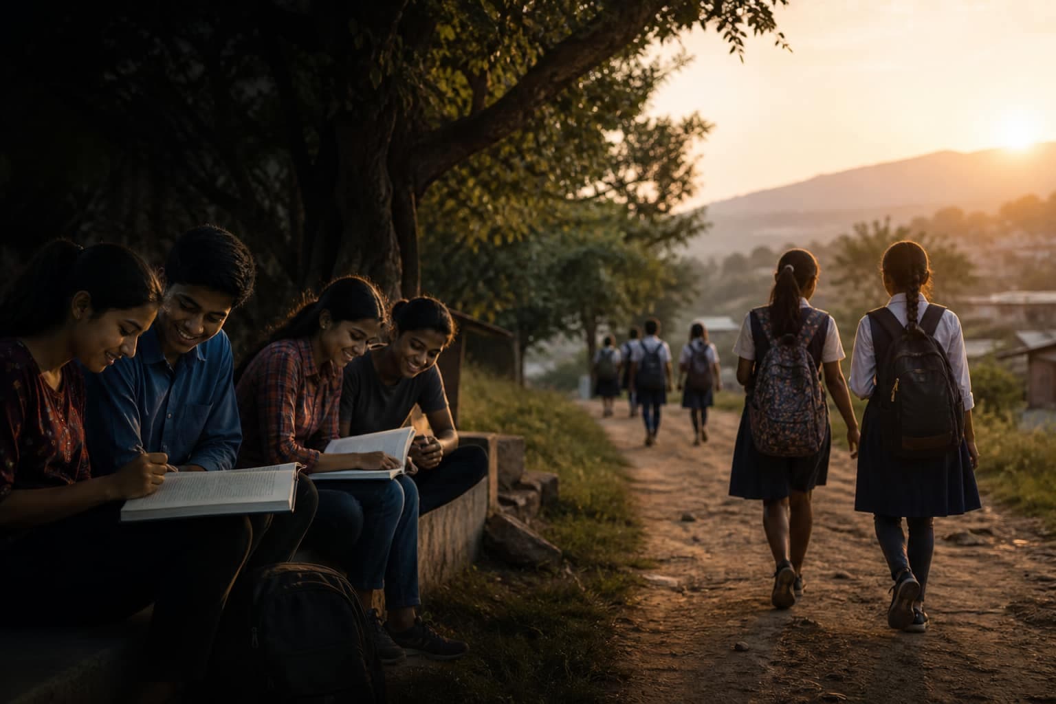 Students walking to school with books at golden hour, representing Humanity Foundation scholarship opportunities
