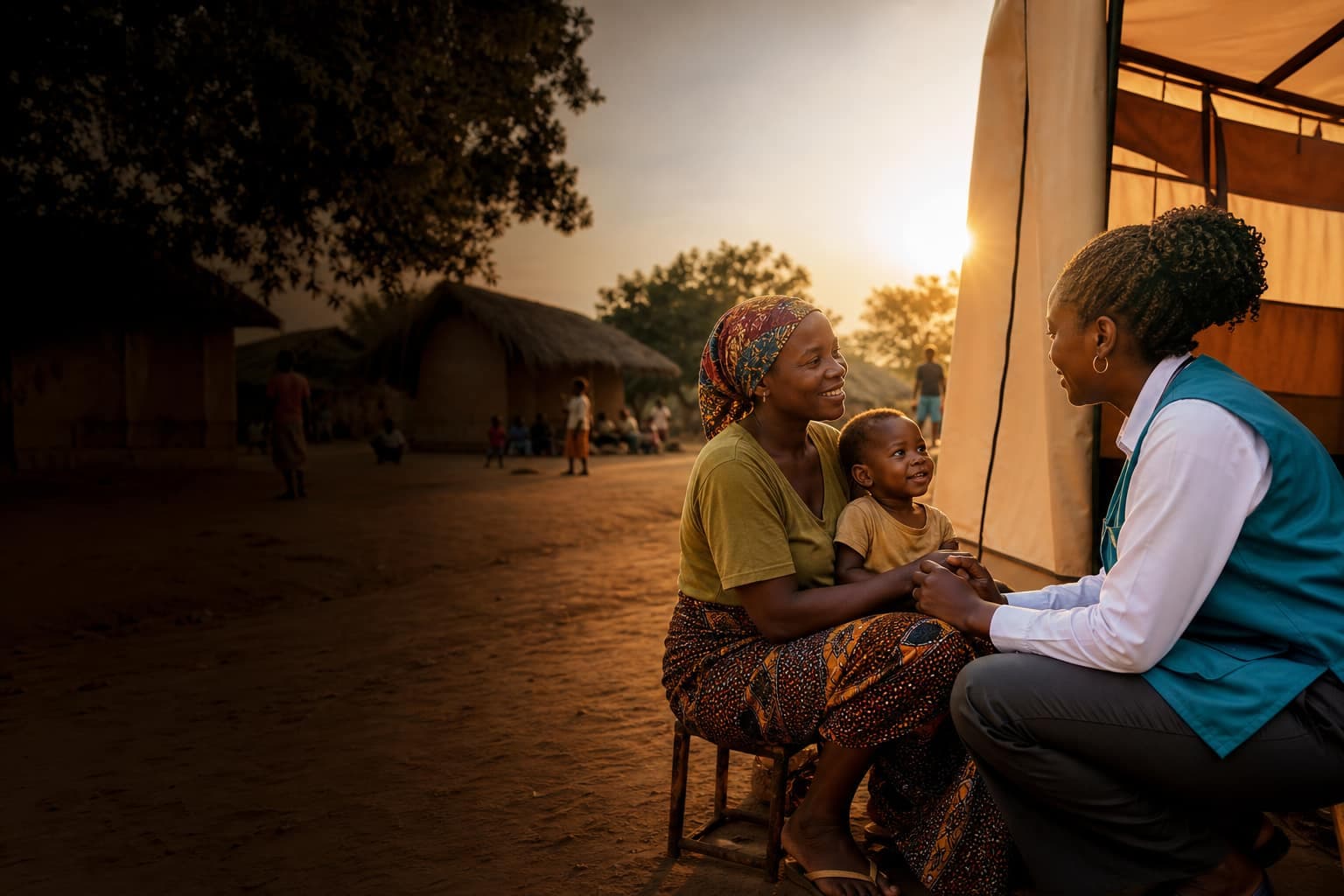 Community health worker in a teal vest speaking with a mother and child at a rural clinic during dawn outreach