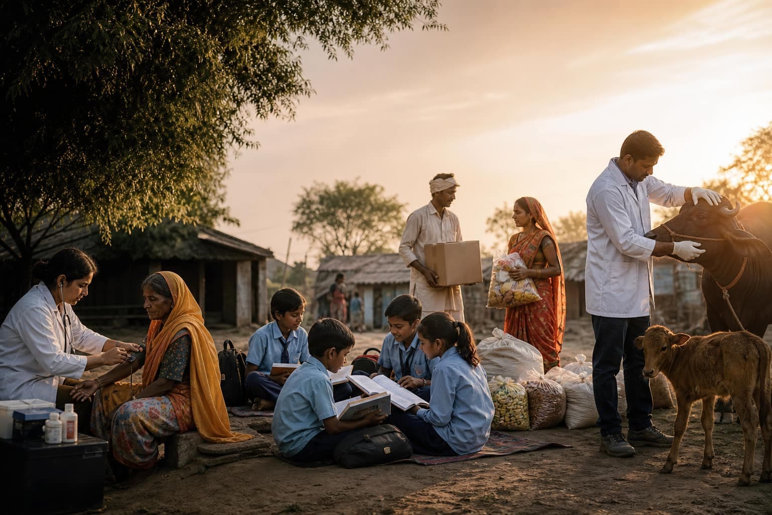 Humanity Foundation field teams delivering healthcare, education support, food assistance, and animal care in one community outreach setting